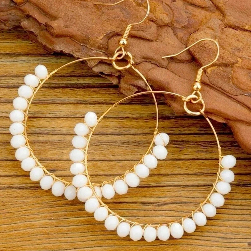 CRYSTAL Drop Earrings Hoop White Gold.
